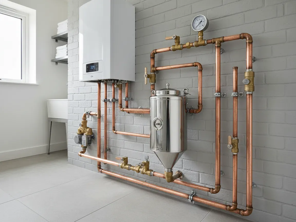 Stainless steel chemical dosing pot plumbed into copper pipes with brass valves and a pressure gauge in a boiler room.