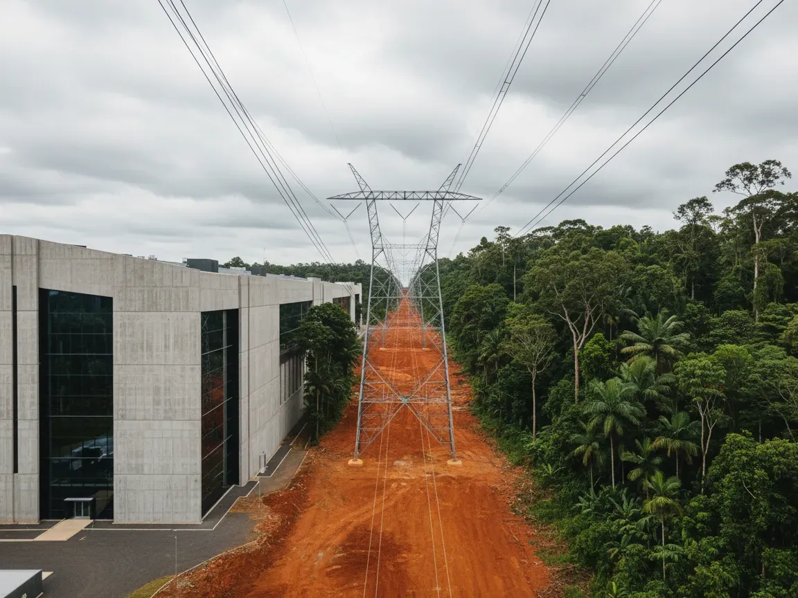 Modern concrete data center encroaching on a lush tropical rainforest with power lines cutting through cleared red soil.