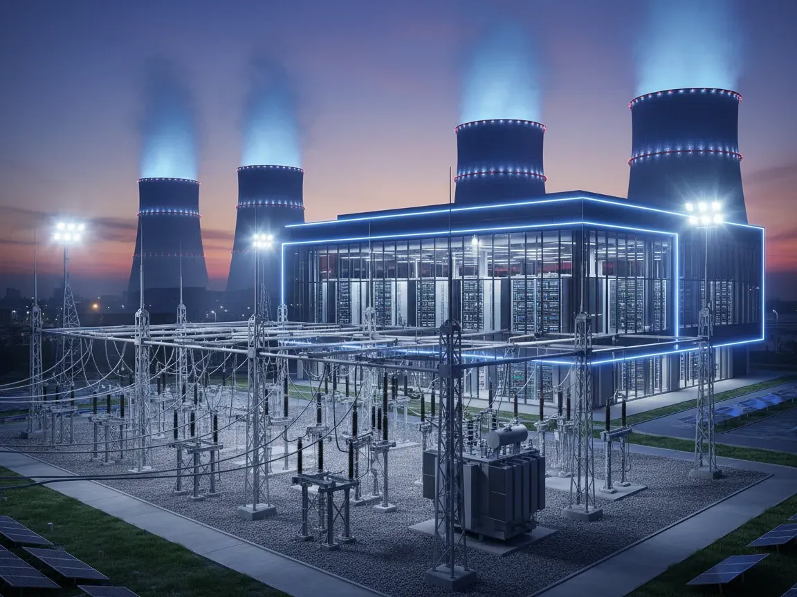 Modern power substation and sleek data center facility illuminated at dusk with distant cooling towers.