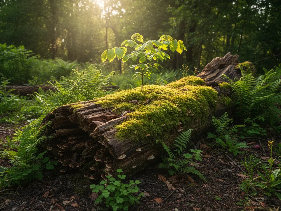 A young sapling sprouts from a mossy nurse log in a lush forest bathed in soft morning sunlight.