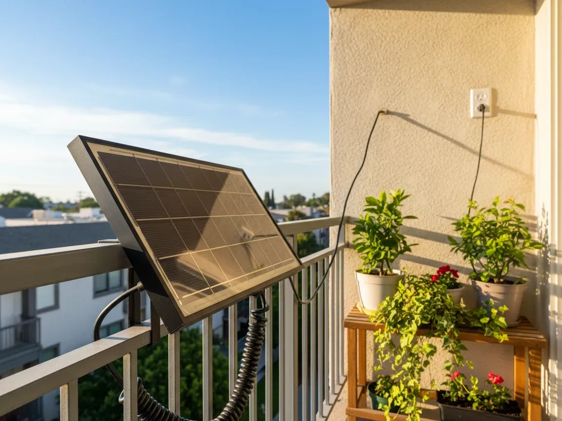 Compact solar panel on an apartment balcony railing in bright sunlight with potted plants and blue sky in background.
