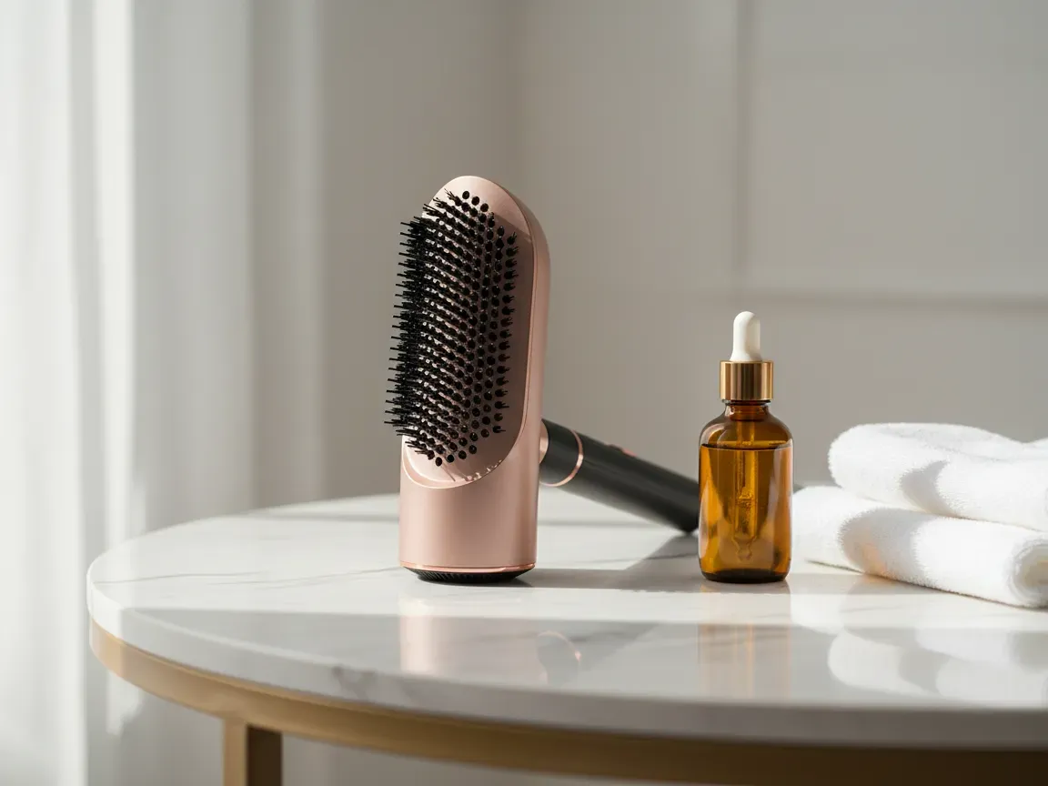 Blow-dryer brush, amber serum bottle, and white towel on a bright marble vanity in morning light.